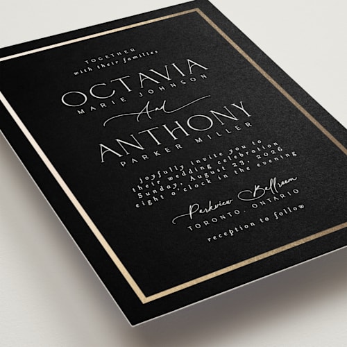 This is a noir foil stamped wedding invitations with foil pressed by Nicole Walsh called regal printing on signature in standard