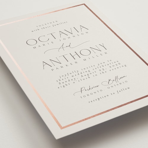 This is a sandstone foil stamped wedding invitations with foil pressed by Nicole Walsh called regal printing on signature in standard