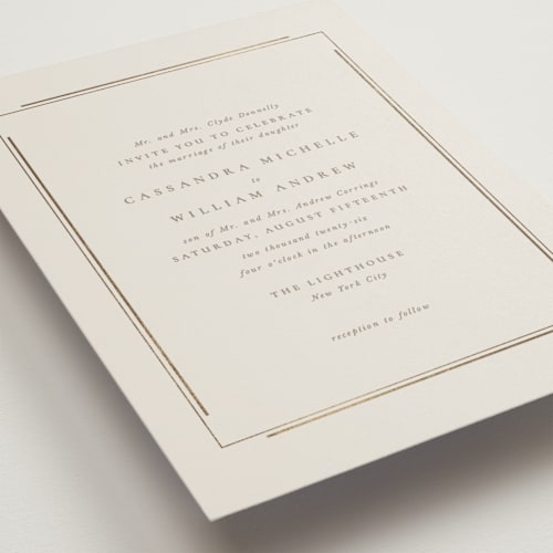 This is a sand foil stamped wedding invitations with foil pressed by Jackie Mangiolino called illusion printing on signature in standard