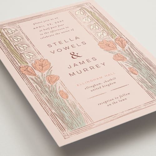 This is a blush pink foil stamped wedding invitations with foil pressed by Shiny Penny Studio called deco spring florals printing on signature in standard