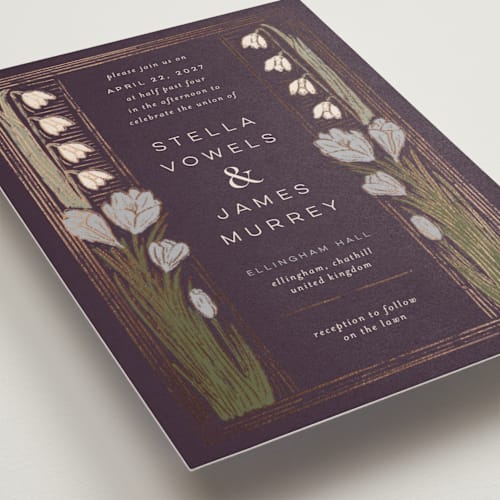 This is a plum foil stamped wedding invitations with foil pressed by Shiny Penny Studio called deco spring florals printing on signature in standard