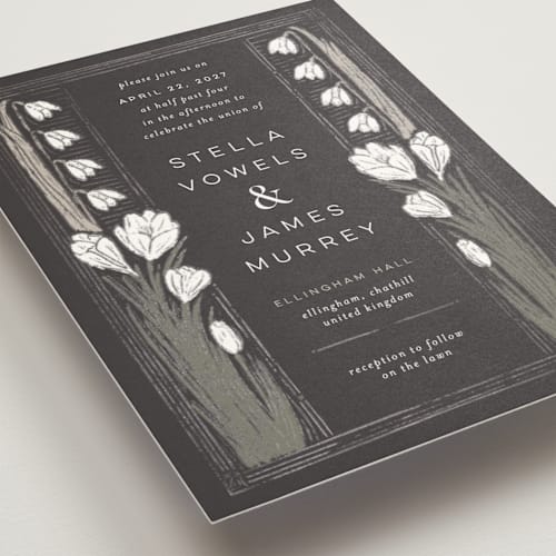 This is a midnight foil stamped wedding invitations with foil pressed by Shiny Penny Studio called deco spring florals printing on signature in standard