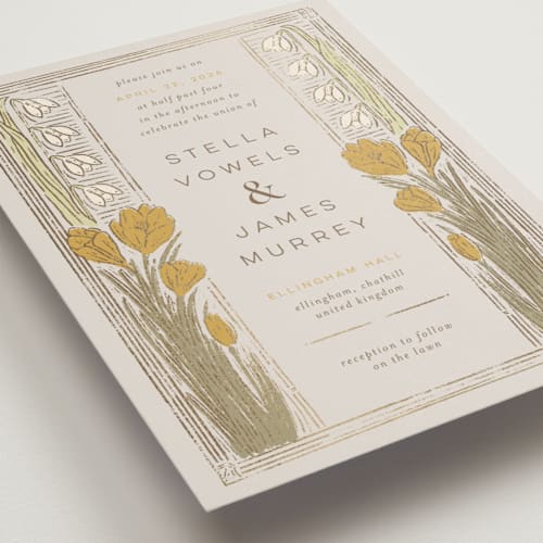 This is a dandelion foil stamped wedding invitations with foil pressed by Shiny Penny Studio called deco spring florals printing on signature in standard