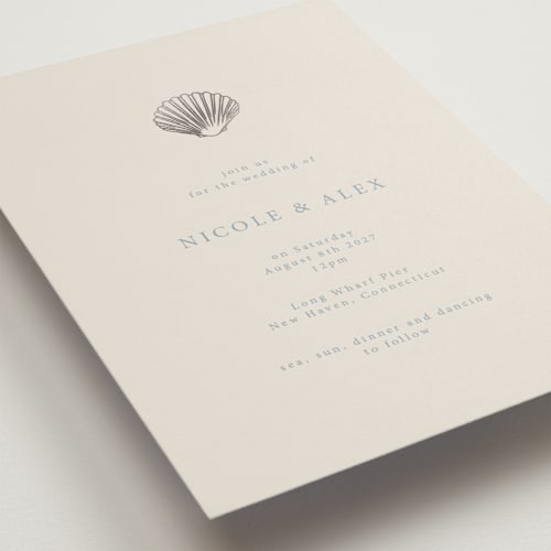 This is a sea spray foil stamped wedding invitations with foil pressed by Hannah Bowman called simple seashell printing on signature in standard
