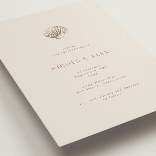 This is a sunset foil stamped wedding invitations with foil pressed by Hannah Bowman called simple seashell printing on signature in standard