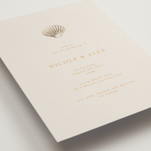 This is a sunrise foil stamped wedding invitations with foil pressed by Hannah Bowman called simple seashell printing on signature in standard