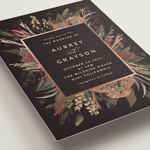 This is a copper foil stamped wedding invitations with foil pressed by Susan Moyal called sunset florals printing on signature in standard