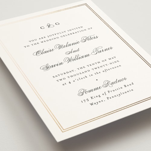 This is a tuxedo foil stamped wedding invitations with foil pressed by Carolyn MacLaren called timeless together printing on signature in standard