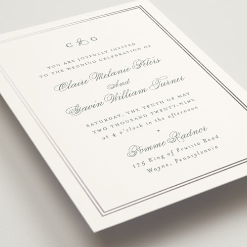 This is a sage foil stamped wedding invitations with foil pressed by Carolyn MacLaren called timeless together printing on signature in standard