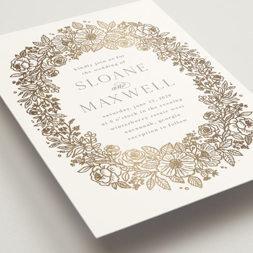 This is a powder blue foil stamped wedding invitations with foil pressed by Kristen Smith called wild roses printing on signature in standard