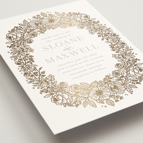 This is a lavender foil stamped wedding invitations with foil pressed by Kristen Smith called wild roses printing on signature in standard