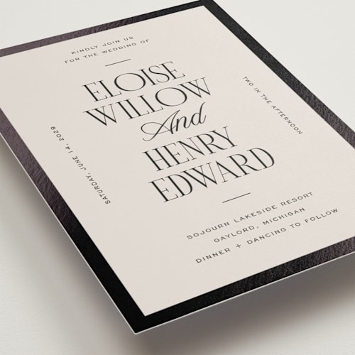 This is a suit foil stamped wedding invitations with foil pressed by Pixel and Hank called threaded printing on signature in standard