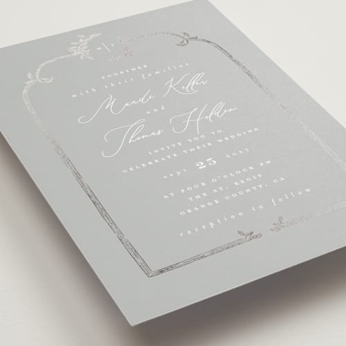 This is a fog foil stamped wedding invitations with foil pressed by Leah Bisch called reflection printing on signature in standard