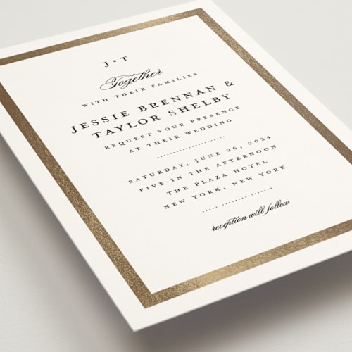 This is a gold foil stamped wedding invitations with foil pressed by Stacey Meacham called lasting love printing on signature in standard
