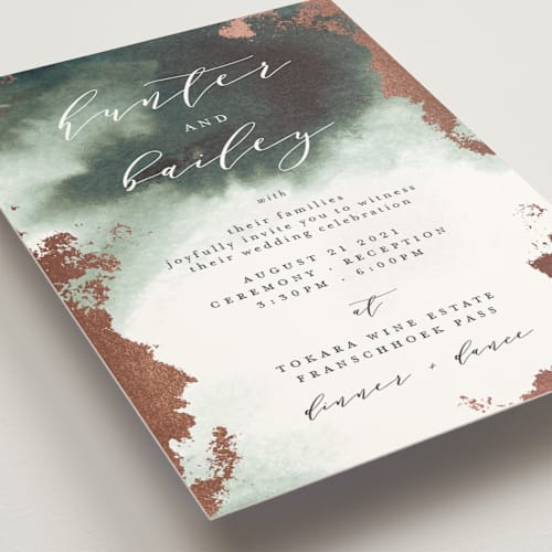 This is a moss foil stamped wedding invitations with foil pressed by Phrosné Barwood called fancy marble printing on signature in standard