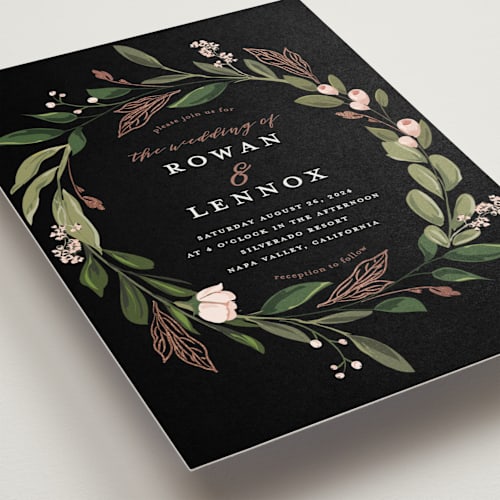 This is a burnt rose foil stamped wedding invitations with foil pressed by Susan Moyal called greenery crown printing on signature in standard