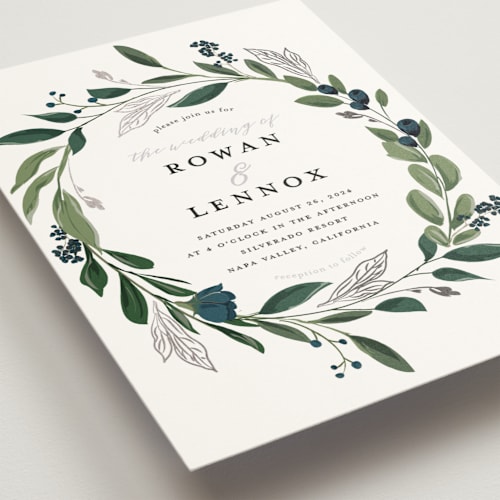 This is a frost foil stamped wedding invitations with foil pressed by Susan Moyal called greenery crown printing on signature in standard