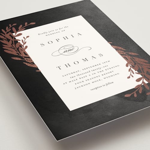 This is a pepper foil stamped wedding invitations with foil pressed by Stacey Meacham called lux branch printing on signature in standard