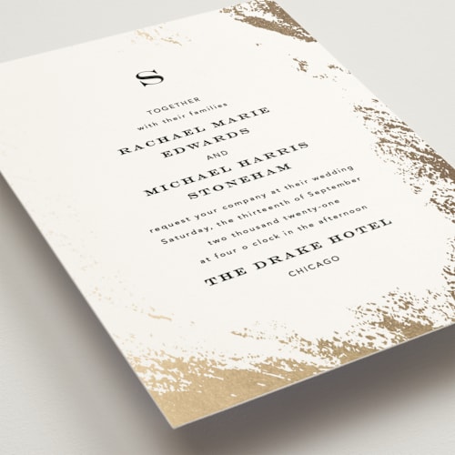 This is a ivory foil stamped wedding invitations with foil pressed by Kimberly FitzSimons called edgy charm printing on signature in standard