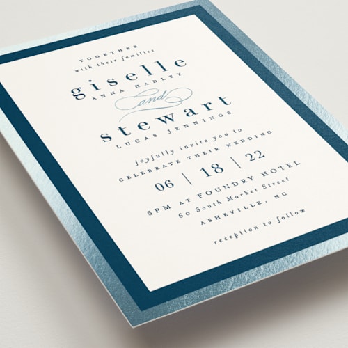 This is a navy foil stamped wedding invitations with foil pressed by Hooray Creative called handsome border printing on signature in standard