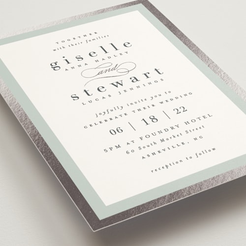 This is a mint foil stamped wedding invitations with foil pressed by Hooray Creative called handsome border printing on signature in standard