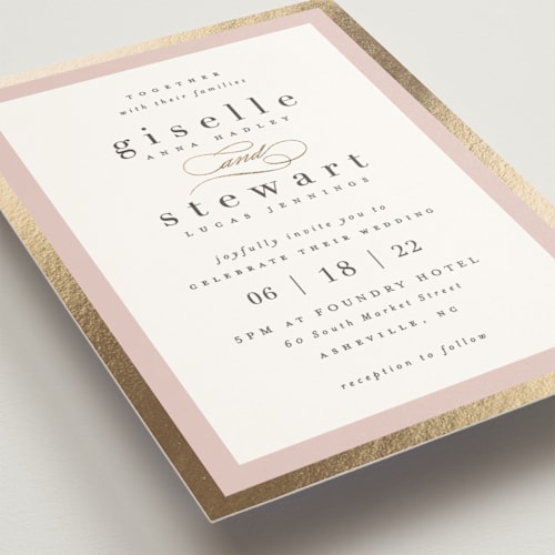 This is a petal foil stamped wedding invitations with foil pressed by Hooray Creative called handsome border printing on signature in standard