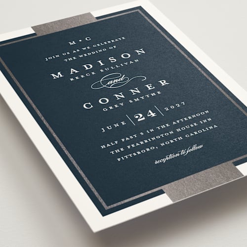 This is a navy foil stamped wedding invitations with foil pressed by Stacey Meacham called refined style printing on signature in standard