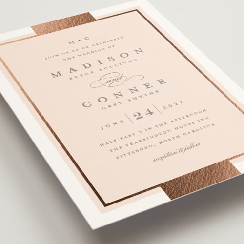 This is a blush foil stamped wedding invitations with foil pressed by Stacey Meacham called refined style printing on signature in standard