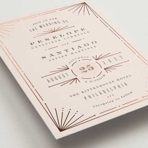 This is a blush foil stamped wedding invitations with foil pressed by Hooray Creative called art deco border printing on signature in standard