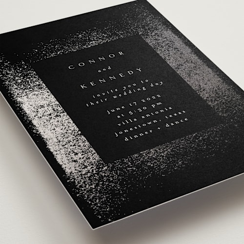This is a tuxedo foil stamped wedding invitations with foil pressed by Phrosné Barwood called the mill park printing on signature in standard