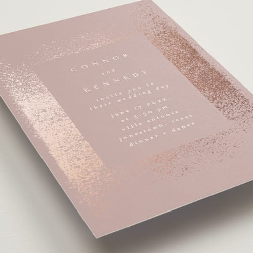 This is a rose foil stamped wedding invitations with foil pressed by Phrosné Barwood called the mill park printing on signature in standard