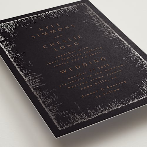 This is a noir foil stamped wedding invitations with foil pressed by Phrosné Barwood called dazzling printing on signature in standard