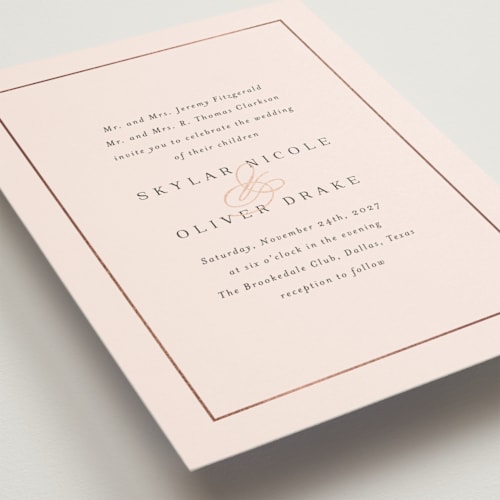 This is a blush foil stamped wedding invitations with foil pressed by Jessica Williams called bianca printing on signature in standard