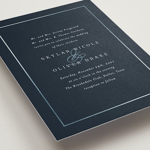 This is a navy foil stamped wedding invitations with foil pressed by Jessica Williams called bianca printing on signature in standard