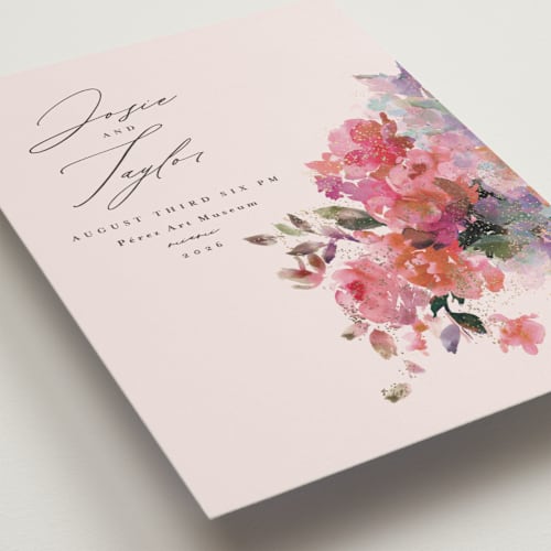 This is a blush foil stamped wedding invitations with foil pressed by Lori Wemple called blossoms printing on signature in standard