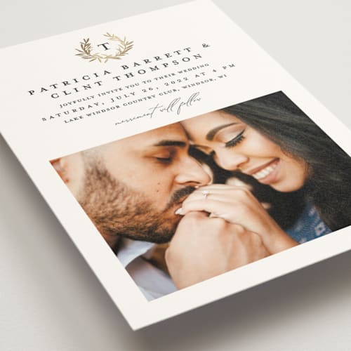 This is a cotton foil stamped wedding invitations with foil pressed by Stacey Meacham called laurel monogram printing on signature in standard