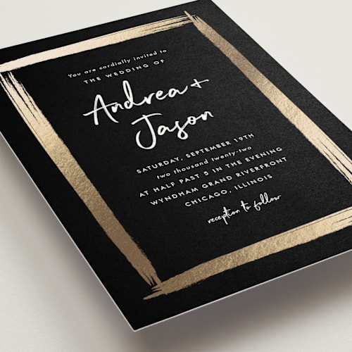 This is a midnight foil stamped wedding invitations with foil pressed by Stacey Meacham called brushy frame printing on signature in standard