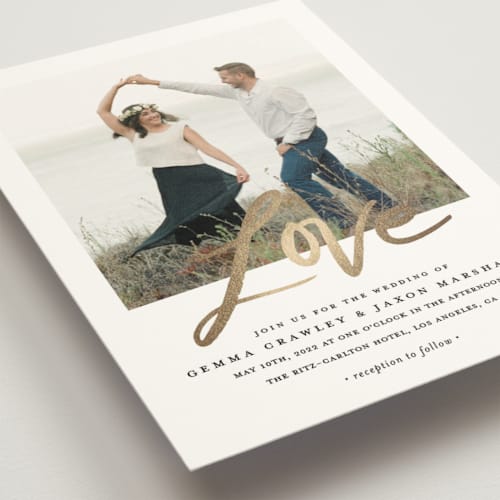 This is a cotton foil stamped wedding invitations with foil pressed by Stacey Meacham called lovely script printing on signature in standard