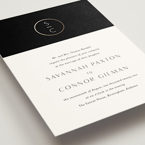 This is a licorice foil stamped wedding invitations with foil pressed by Jessica Williams called new monogram printing on signature in standard