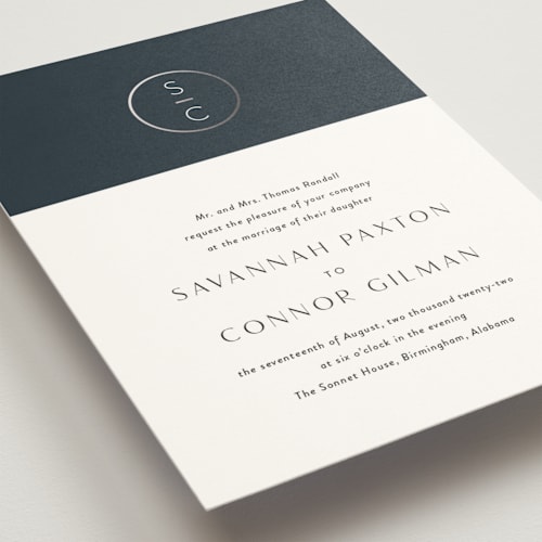 This is a shadow foil stamped wedding invitations with foil pressed by Jessica Williams called new monogram printing on signature in standard
