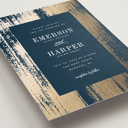 This is a indigo foil stamped wedding invitations with foil pressed by Kelly Schmidt called gold leaf printing on signature in standard