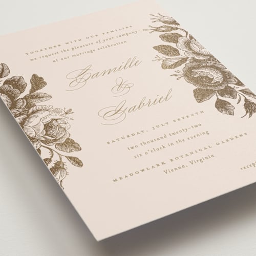This is a petal foil stamped wedding invitations with foil pressed by Design Lotus called idyllic printing on signature in standard