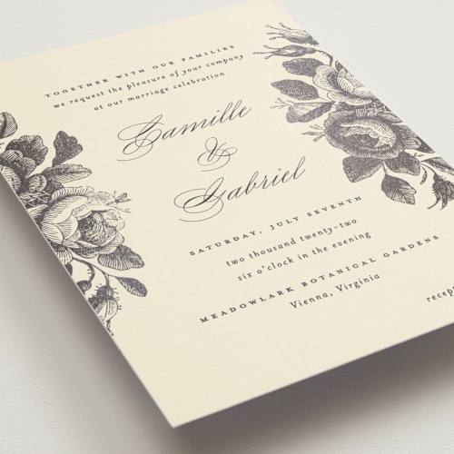 This is a creamery foil stamped wedding invitations with foil pressed by Design Lotus called idyllic printing on signature in standard
