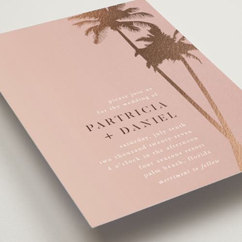 This is a coral foil stamped wedding invitations with foil pressed by lulu and isabelle called sunset by the sea printing on signature in standard