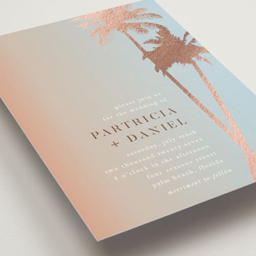 This is a sunset foil stamped wedding invitations with foil pressed by lulu and isabelle called sunset by the sea printing on signature in standard