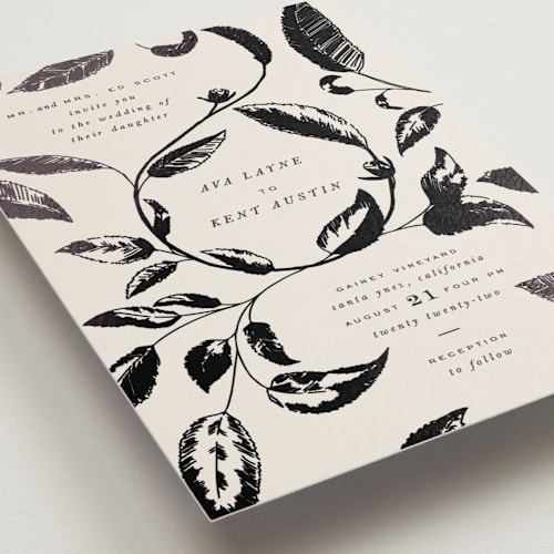 This is a tuxedo foil stamped wedding invitations with foil pressed by Leah Bisch called halcyon printing on signature in standard