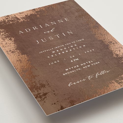 This is a copper foil stamped wedding invitations with foil pressed by Eric Clegg called woodland hills printing on signature in standard