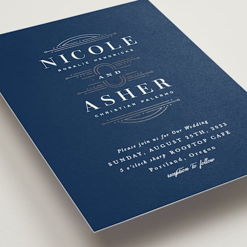 This is a azure foil stamped wedding invitations with foil pressed by Hooray Creative called modern deco printing on signature in standard