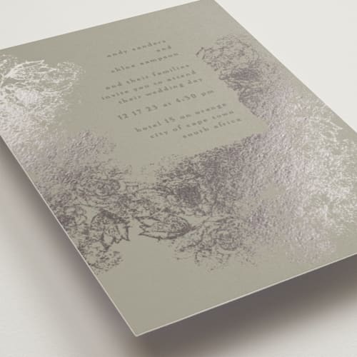 This is a moss foil stamped wedding invitations with foil pressed by Phrosné Barwood called fairytale dust printing on signature in standard