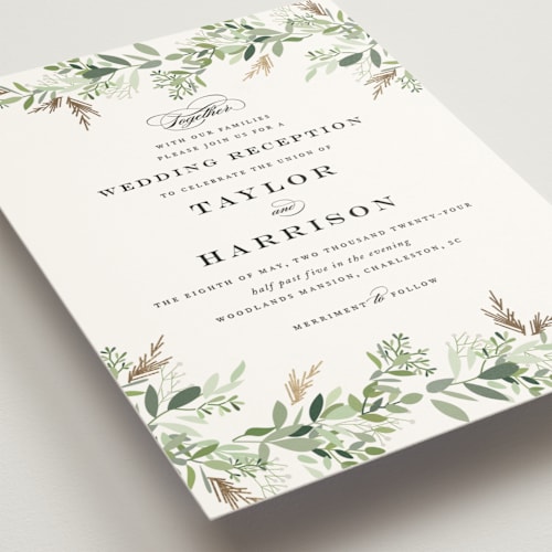 This is a greenery foil stamped wedding invitations with foil pressed by Jennifer Postorino called trailing vine printing on signature in standard
